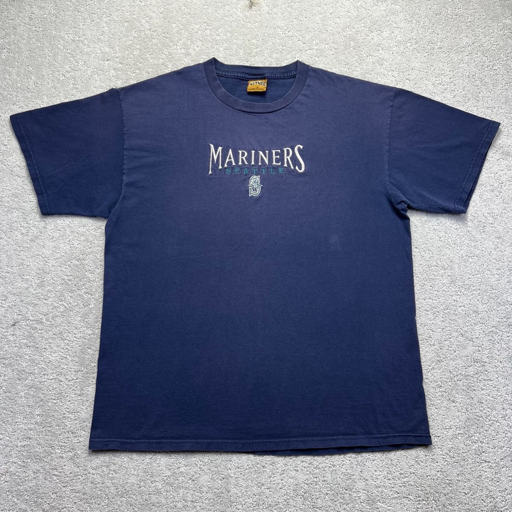 VINTAGE Nutmeg Mills T Shirt Mens XL Navy Blue Seattle Mariners Embroidered Logo